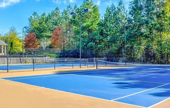 an empty tennis court with trees in the background