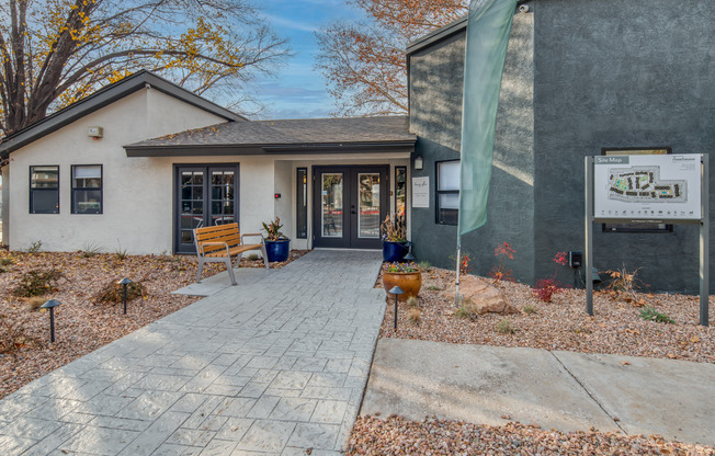 Exterior of front entrance to leasing office at Treehouse in Albuquerque, New Mexico
