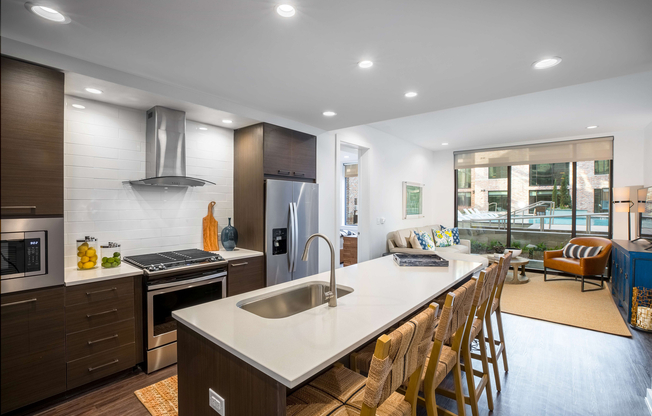Kitchen and Living Room with Pool View