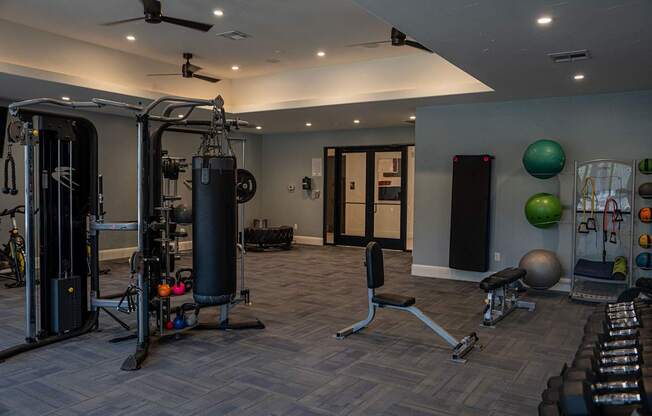 a home gym with weights and cardio equipment and a punching bag