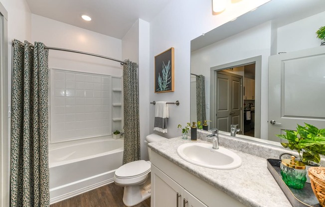 Bathroom with tub, toilet, large vanity with sink at Carmel Vista, McDonough, GA