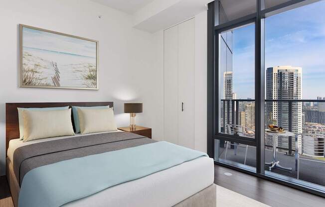 a bedroom with a bed and a large window at Cassidy on Canal, Chicago, IL, 60606
