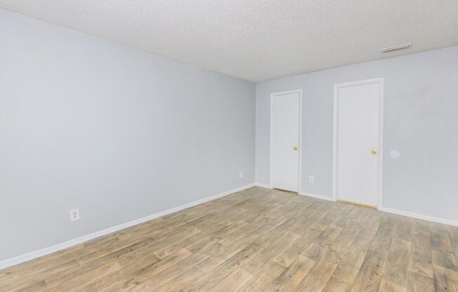 A minimalistic room with light gray walls and light wooden flooring. There are two white doors on the right side, one being a closet door. The space is empty and well-lit, creating a simple, clean aesthetic.