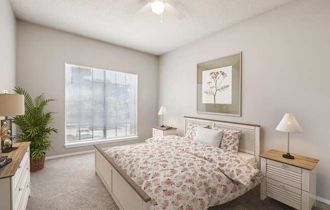 a bedroom with a bed and a window