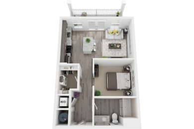 3D 630sf studio floor plan at The Flats at Ballantyne, NC, 28277