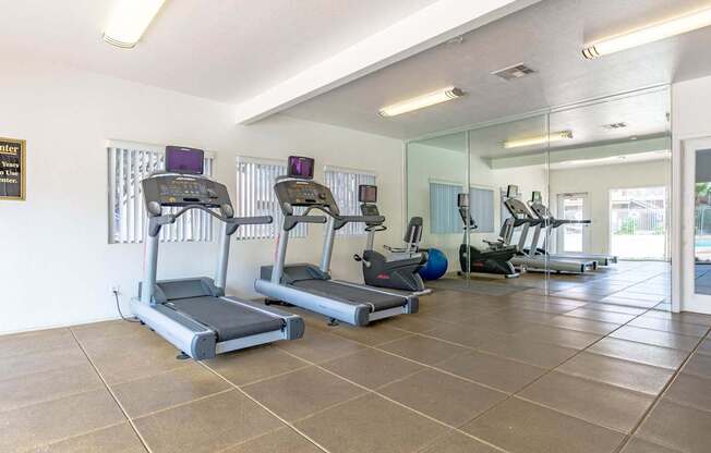 A gym with treadmills and elliptical machines.
