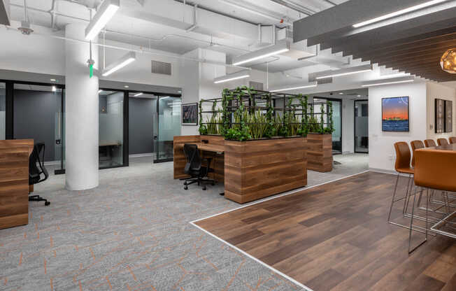 Coworking space with private, rentable office suites