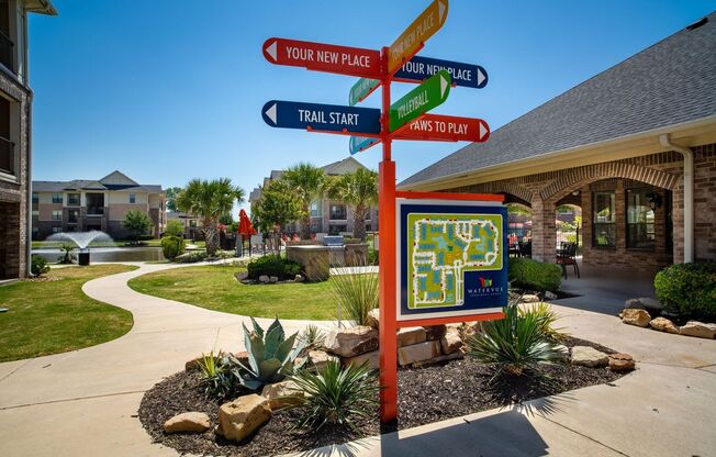 leasing office with directional signs and map in front of it