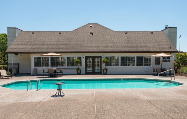 the pool is in front of the building
