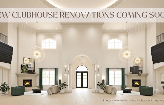 A rendering of a clubhouse interior with a caption indicating upcoming renovations.