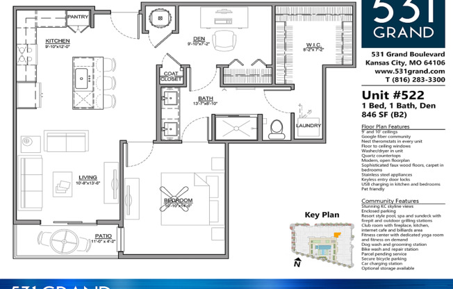 1 bed, 1 bath, 846 sqft, $1,904, Unit 522