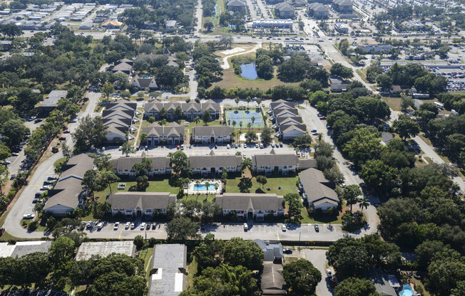 This aerial shot shows our gated community with pools and tennis courts.