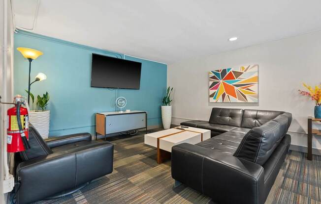 A black leather couch sits in a room with a blue wall and a television.