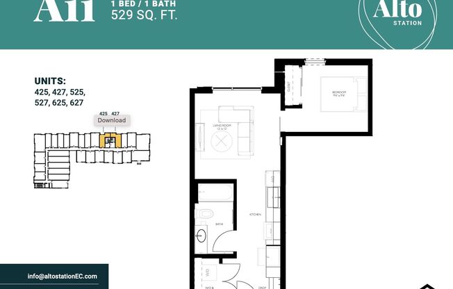 1 bed, 1 bath, 529 sqft, $1,350, Unit 425