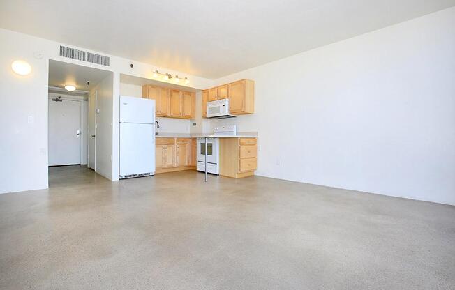 a kitchen with a wood floor