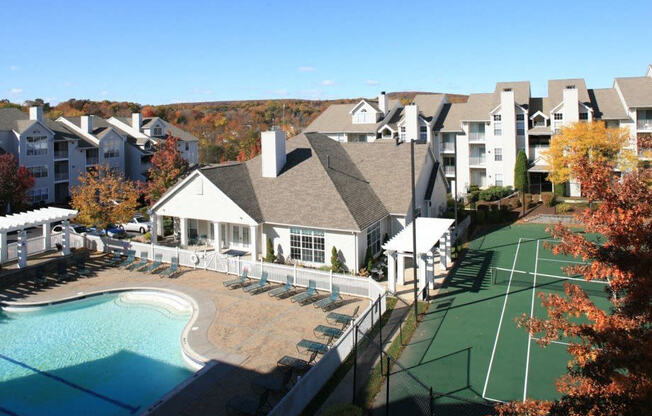Aerial view of Tennis Court and Swimming Pool at Town Walk at Hamden Hills, Hamden, CT, 06518