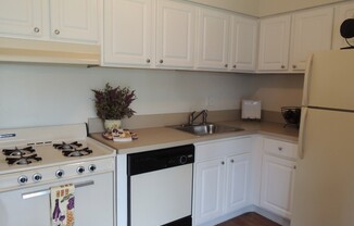 Model kitchen with white appliances and wooden cabinetry in Bensalem, PA