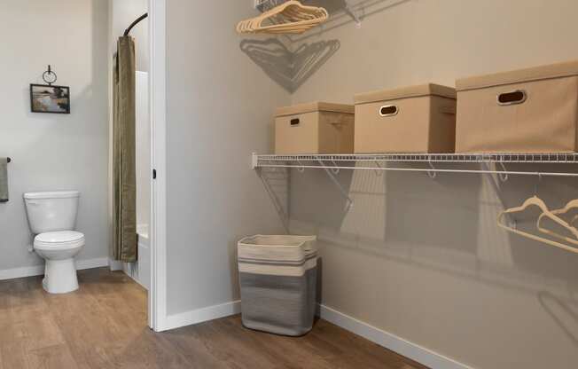 a bathroom with a toilet and a closet with boxes on the wall and a basket