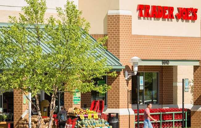 A Trader Joe's store with a green awning and a tree in front.