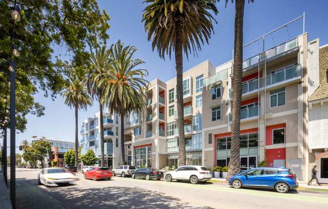 an exterior view of an apartment building with palm trees in the foreground