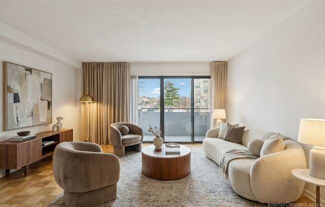 A modern living room with a large window and a view of a cityscape.