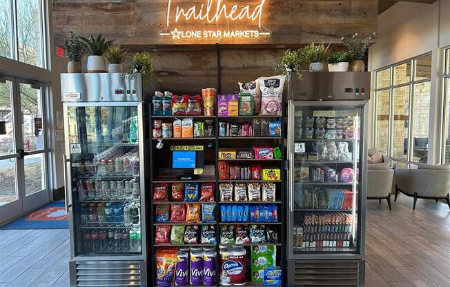 A display of snacks and drinks in a Trailhead Lone Star Markets.