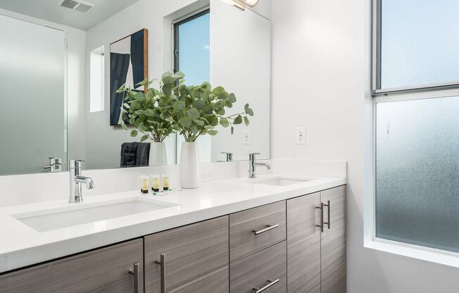 a bathroom with two sinks and a mirror