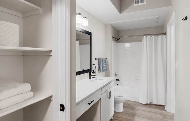 Bathroom with single vanity, large framed mirror, open shelving, and tub-shower combination.
