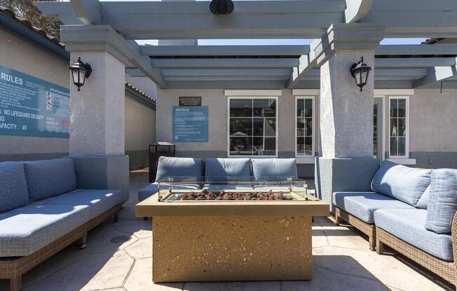 A cozy outdoor seating area featuring three blue cushioned sofas arranged around a rectangular fire pit with stones. The space is partially shaded with blue wooden beams overhead, and there is a wall with rules and information in the background. The atmosphere is inviting and suitable for relaxation.