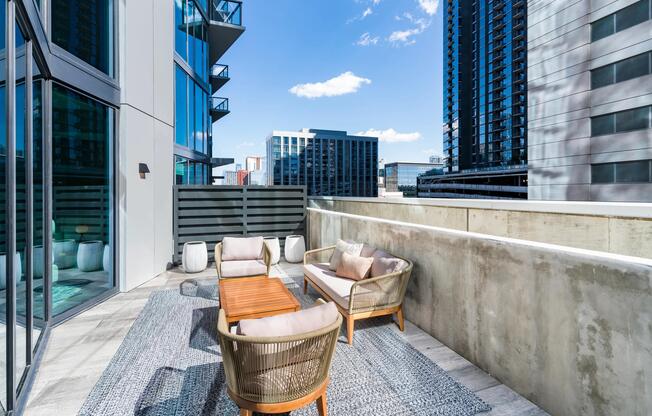 A private outdoor terrace in select homes at Modera McGavock, offering skyline views and relaxed seating just moments from Nashville’s vibrant downtown scene.