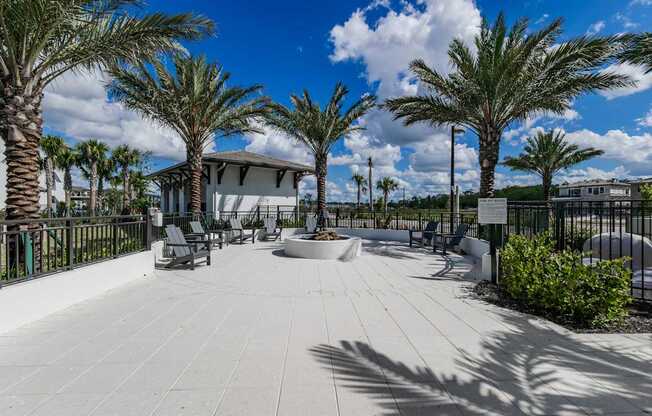 A sunny day at the park with palm trees and a white building in the background.