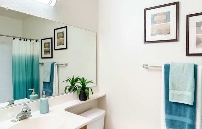 A bathroom with a toilet, sink, mirror, and pictures on the wall.