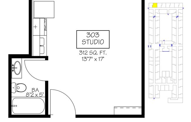 Studio, 1 bath, 263 sqft, $730, Unit 303