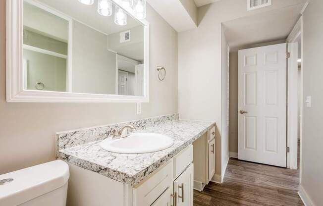 A bathroom with a marble countertop and a white sink.