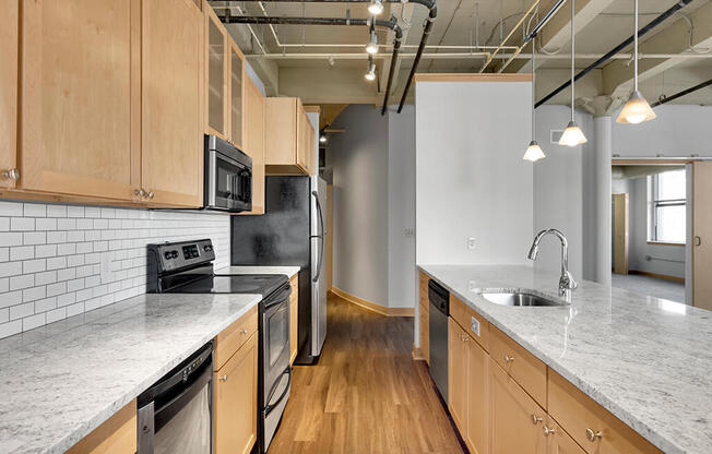 Kitchen interior at Lowertown Lofts, St. Paul, MN, 55101