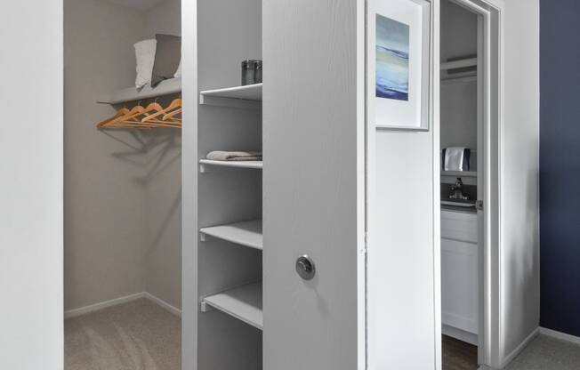 a closet in a small room with shelves and a television