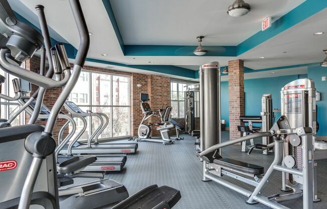 View of Fitness Center, Showing Cardio Machines, Cable Machines, and Window View at Alpha Mill Apartments