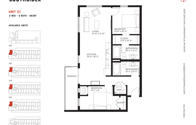 2 beds, 2 baths, 883 sqft, $1,760, Unit 401
