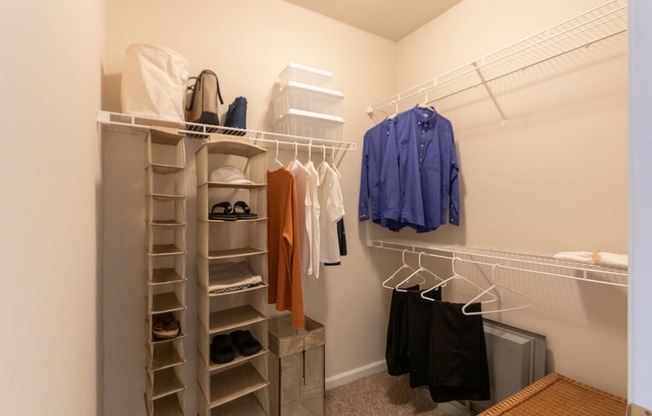 This is a photo of the second bedroom walk-in closet in the 2 bedroom, 2 bath Islander floor plan at Nantucket Apartments in Loveland, OH.