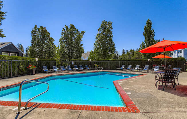 A large swimming pool surrounded by trees and chairs.