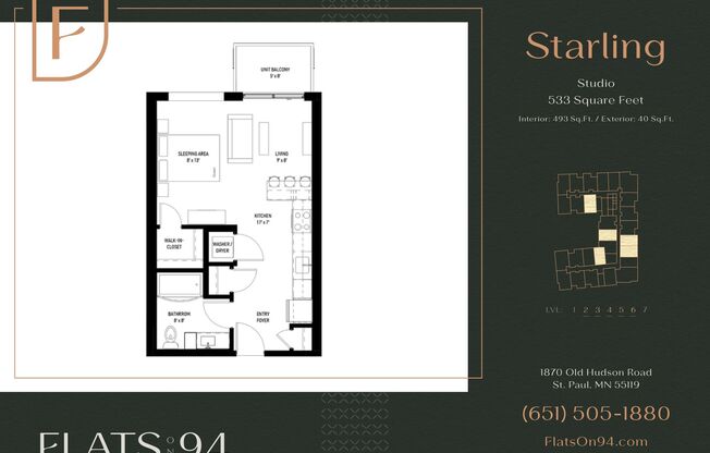 Studio, 1 bath, 493 sqft, $1,185, Unit 532 - Starling