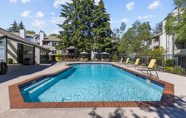 our apartments have a resort style pool with chairs and trees