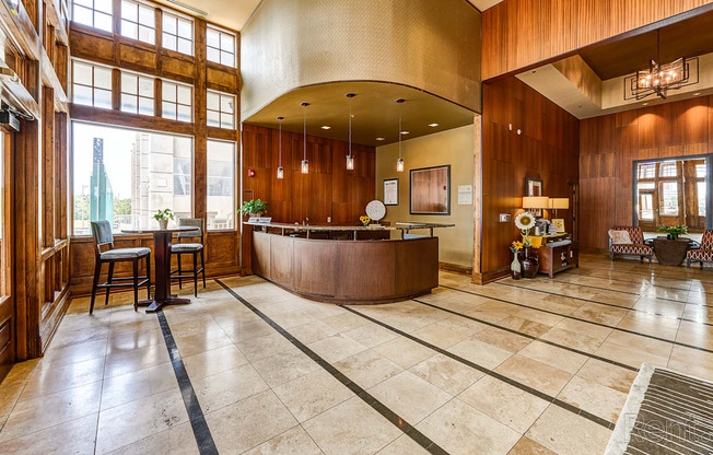 A reception area with a bar and a counter.