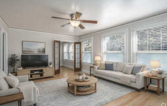 A living room with a television, a couch, a coffee table, and a ceiling fan.