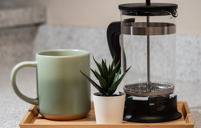 a coffee maker on a tray with a mug and a plant