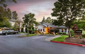 a view of the care home from the street at dusk