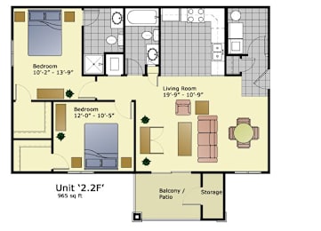 2 beds, 2 baths, 965 sqft, $1,675