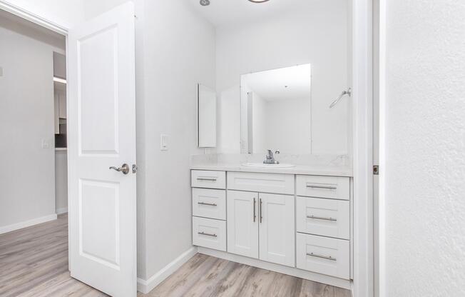 A modern bathroom featuring a white vanity with silver handles, a sink, and a large mirror. The walls are painted light gray, and the floor is covered with wood-like laminate. A door leads to another room, indicating a spacious layout with ample natural light.