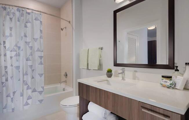 A bathroom with a white countertop and a mirror above it.