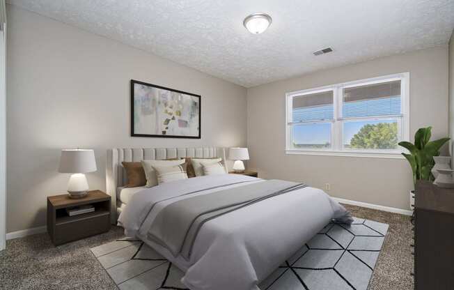 Omaha, NE Maple Ridge Apartments. A bedroom with a large bed and a large window